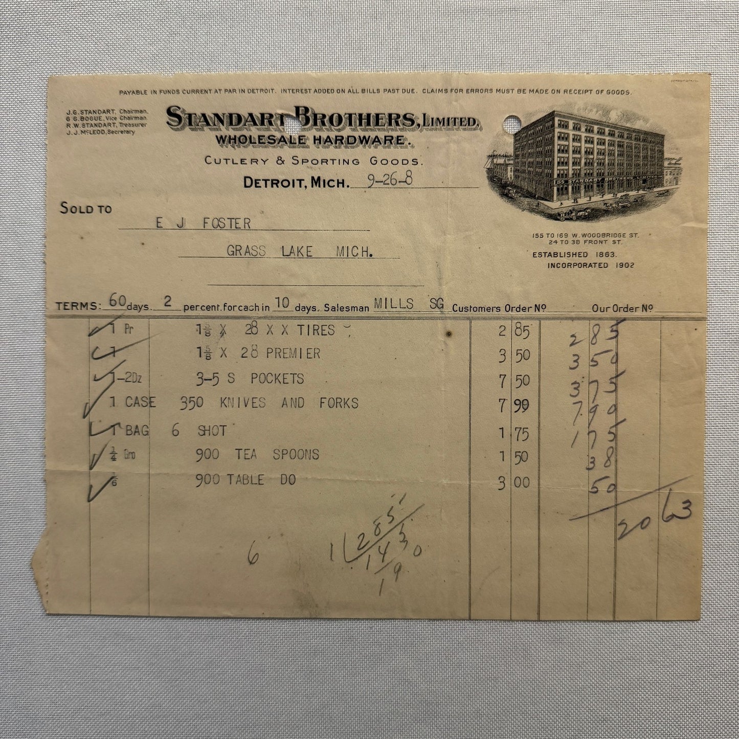 Standart Brothers Detroit Michigan Receipt Document Letterhead 1908 Lot 6x