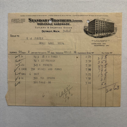Standart Brothers Detroit Michigan Receipt Document Letterhead 1908 Lot 6x