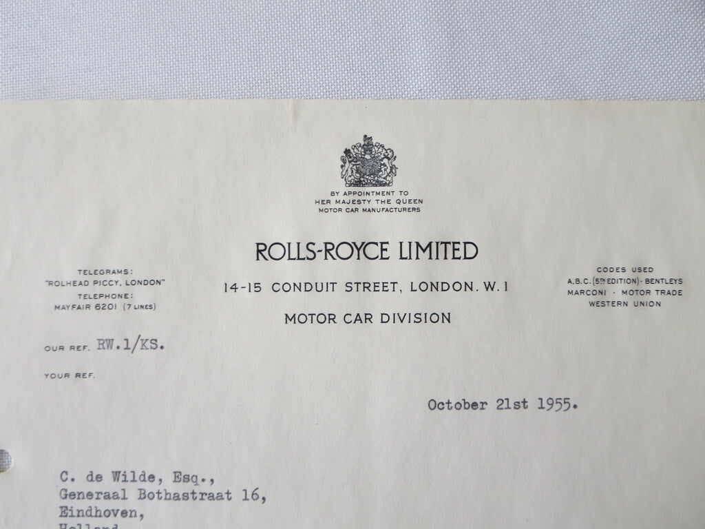 1955 Rolls Royce Limited Letter Letterhead Document Bentley Continental Wraith