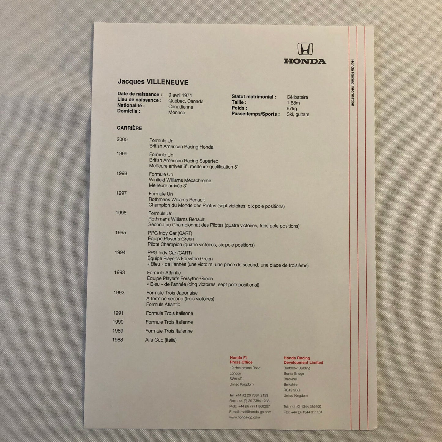 2000 Honda Formula 1 F1 Racing Press Kit Jacques Villeneuve Ricardo Zonta FRENCH