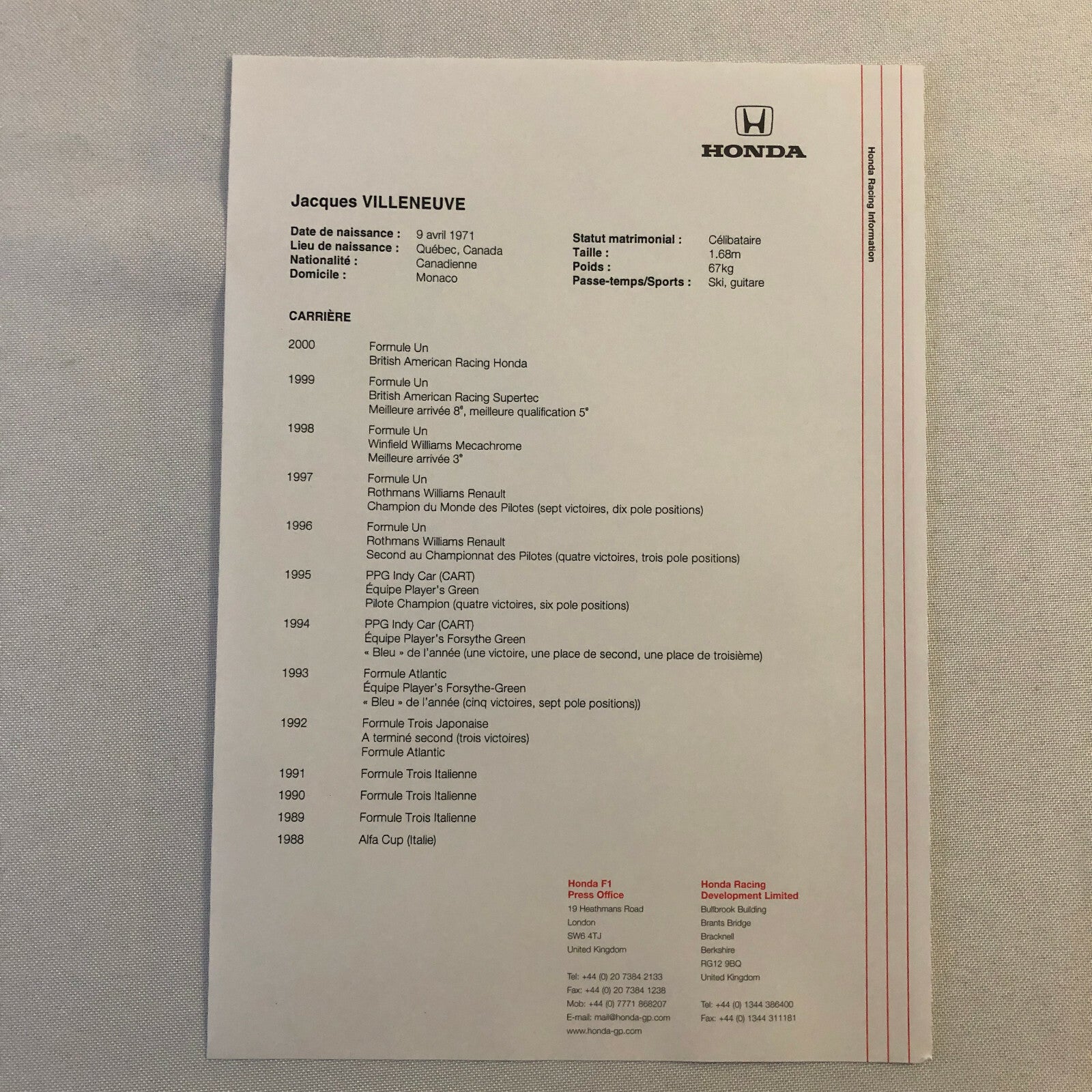 2000 Honda Formula 1 F1 Racing Press Kit Jacques Villeneuve Ricardo Zonta FRENCH