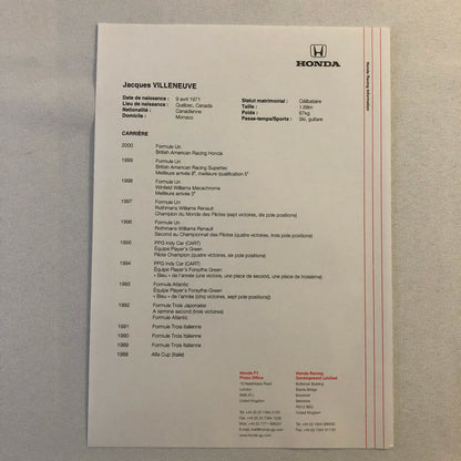 2000 Honda Formula 1 F1 Racing Press Kit Jacques Villeneuve Ricardo Zonta FRENCH
