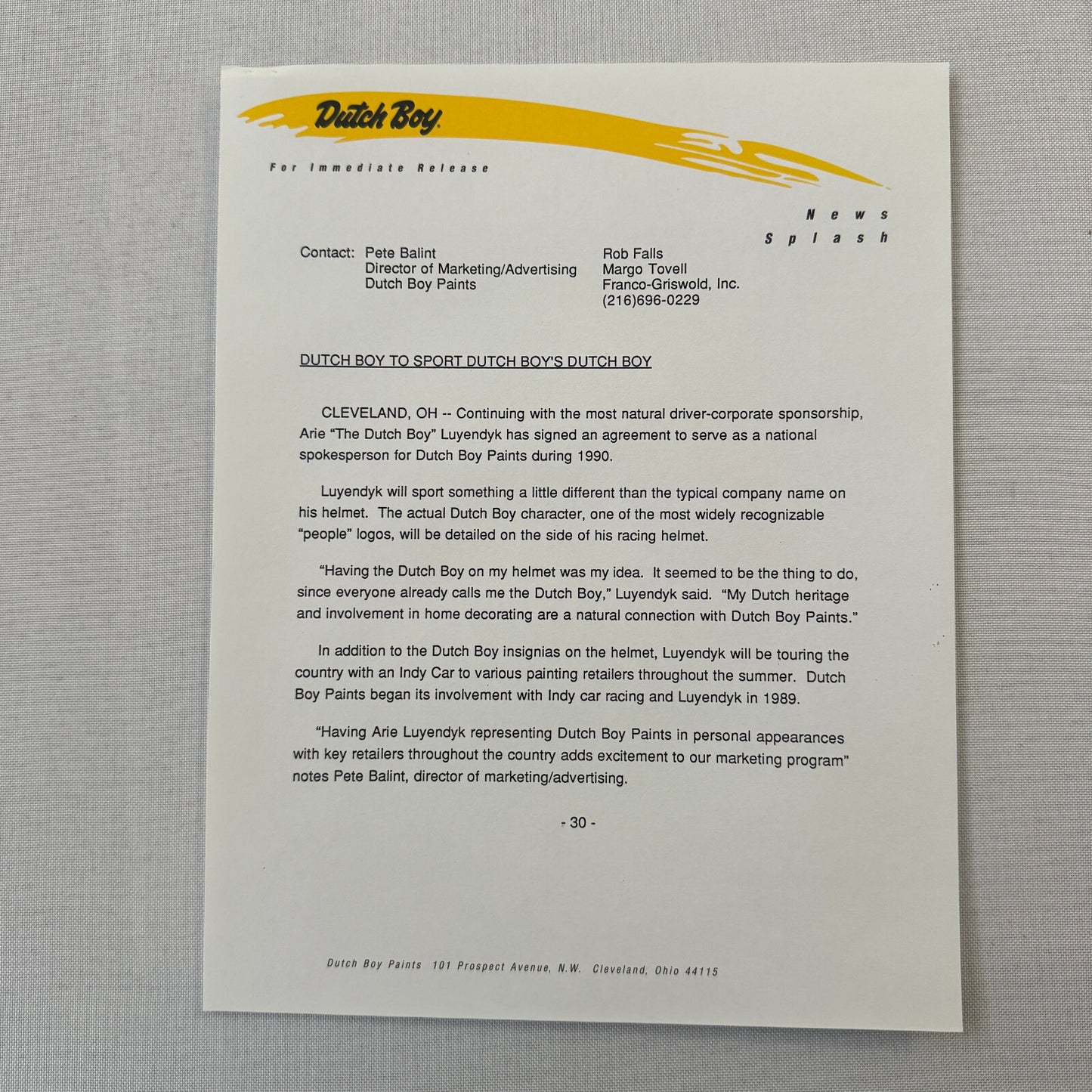 Arie Luyendyk 1990 Dutch Boy Paint CART Indy Racing Press Kit Brochure Photo