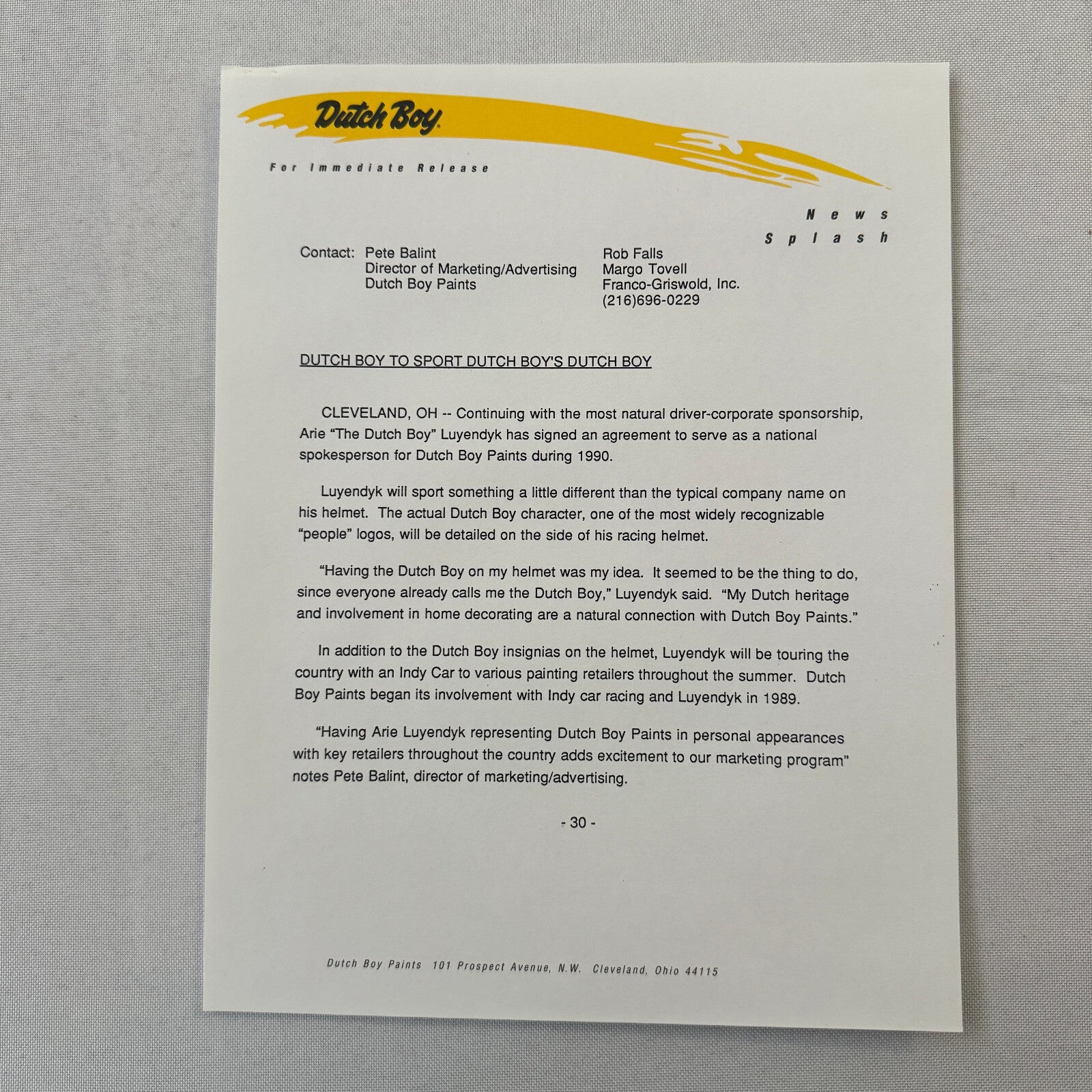 Arie Luyendyk 1990 Dutch Boy Paint CART Indy Racing Press Kit Brochure Photo