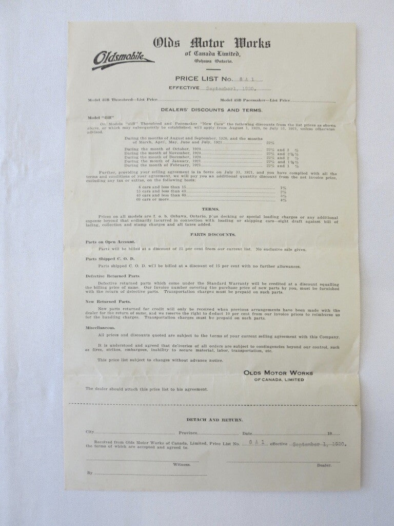 1920 Oldsmobile 45B Motor Car Factory Pricing Document Letterhead 