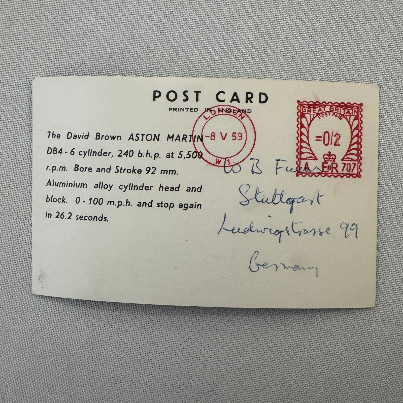 David Brown Aston Martin Car Vintage Postcard Post Card