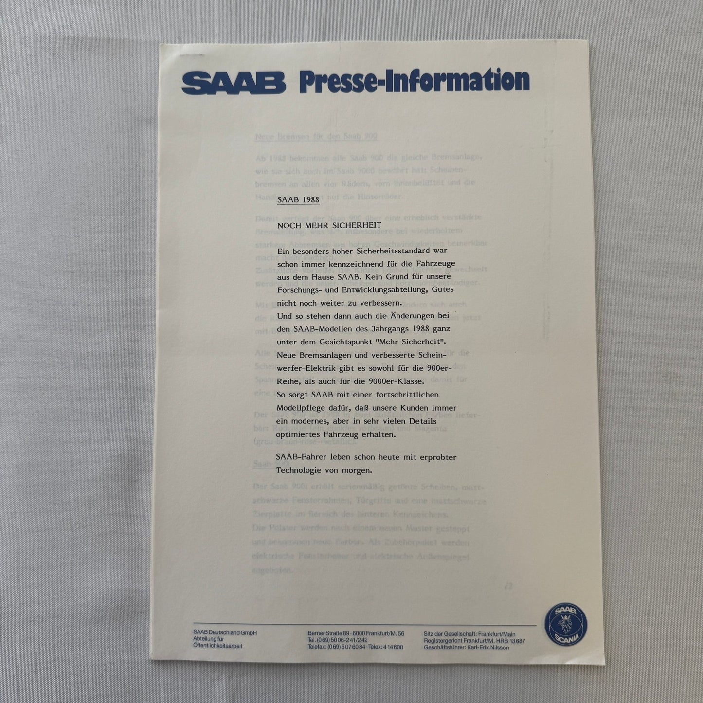 1988 Saab Press Kit Brochure Photos Saab 900 Turbo Cabriolet Convertible GERMAN