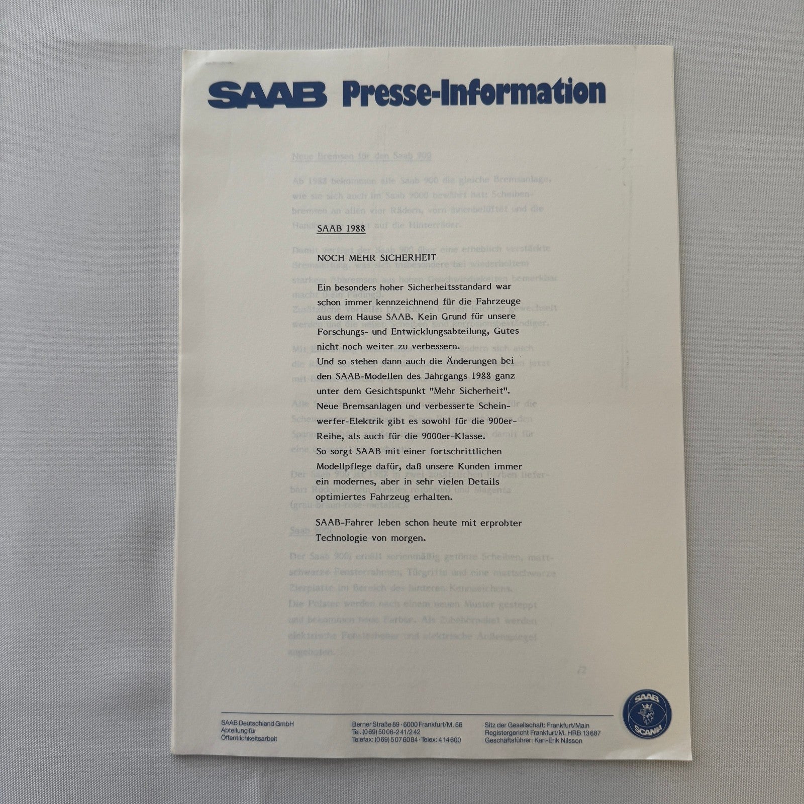 1988 Saab Press Kit Brochure Photos Saab 900 Turbo Cabriolet Convertible GERMAN