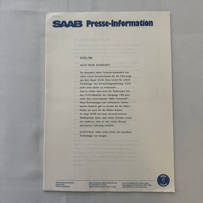 1988 Saab Press Kit Brochure Photos Saab 900 Turbo Cabriolet Convertible GERMAN