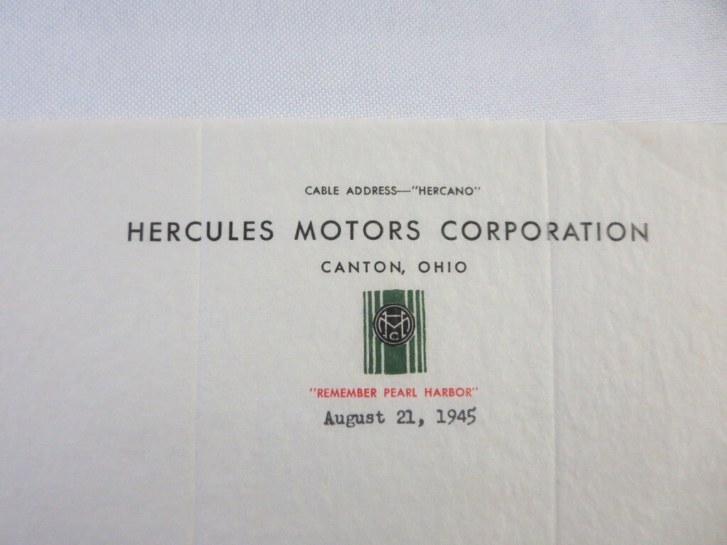 1945 Hercules Motors Corporation Letter Letterhead Gas & Diesel Engine 