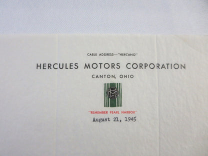 1945 Hercules Motors Corporation Letter Letterhead Gas & Diesel Engine 