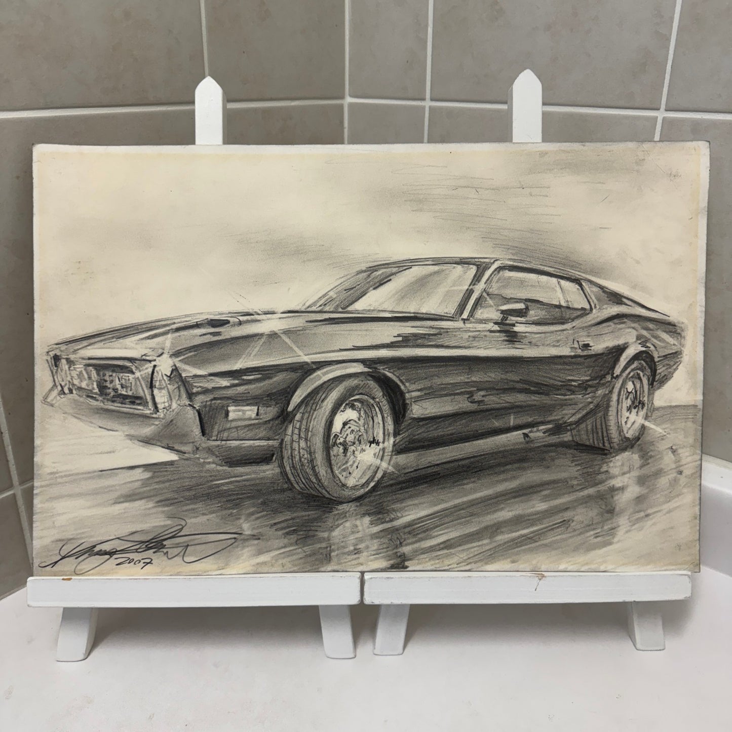 Ford Mustang Vintage Car Illustration Drawing Sketch Original Art Signed