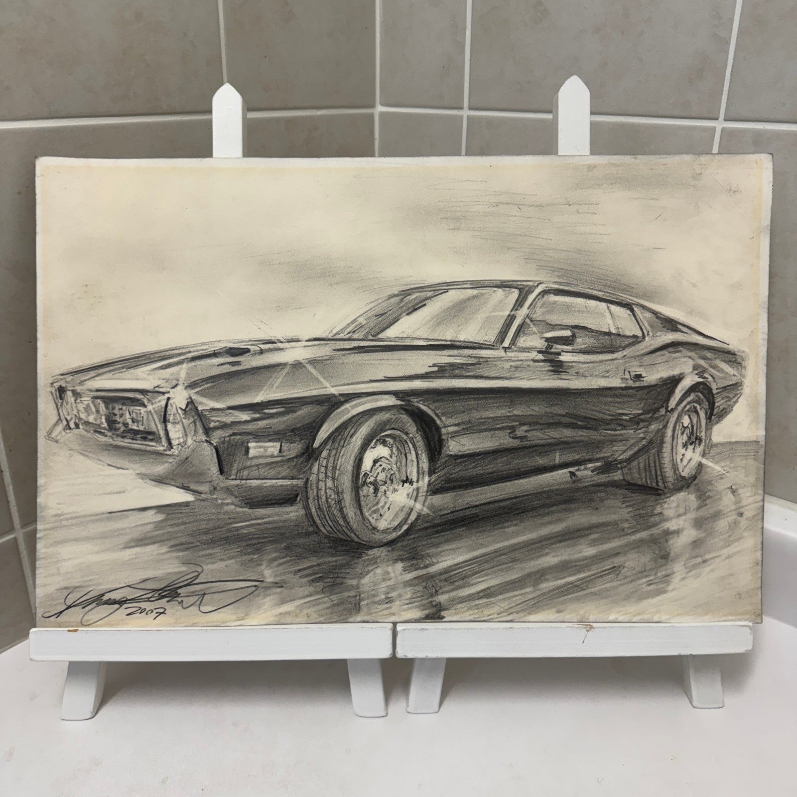 Ford Mustang Vintage Car Illustration Drawing Sketch Original Art Signed