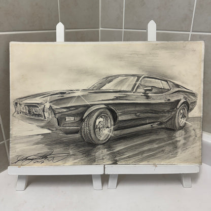 Ford Mustang Vintage Car Illustration Drawing Sketch Original Art Signed