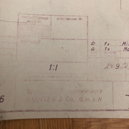 Vintage Porsche Reutter & Co Coachbuilder Factory Part Blueprint Document German