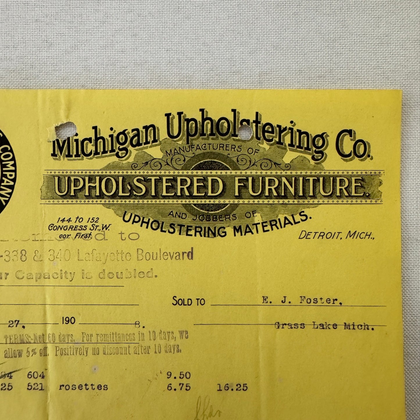 Michigan Upholstering Company Detroit 1908 Receipt Invoice Document Letterhead