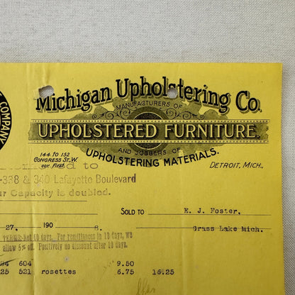 Michigan Upholstering Company Detroit 1908 Receipt Invoice Document Letterhead