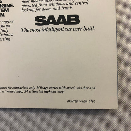 1982 Saab 900 Turbo Sales Brochure Catalog Advertising