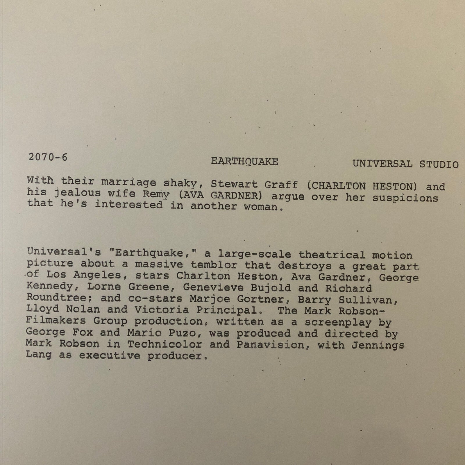 Earthquake Movie Film Charlton Heston Ava Gardner Photo Photograph Print