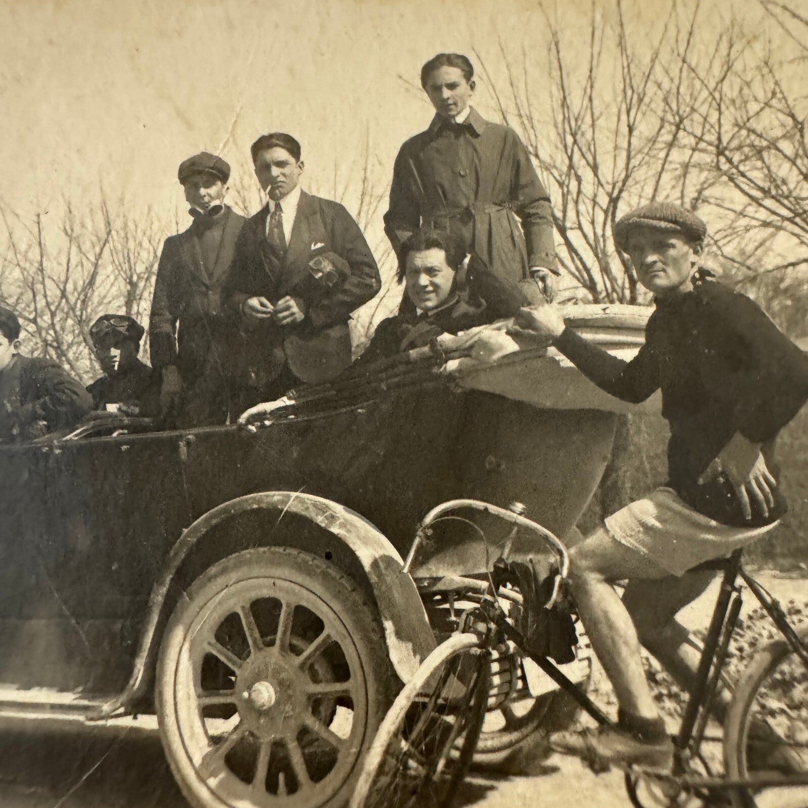 Vintage Italian Real Photo Postcard Post Card RPPC Automobile People Car Bicycle