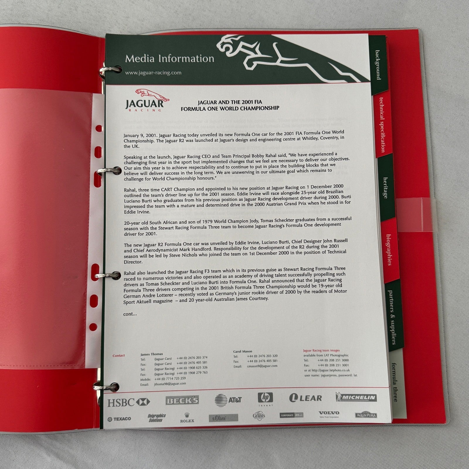 2001 Jaguar Racing Press Kit Formula 3 Formula One F1 Photos Eddie Irvine
