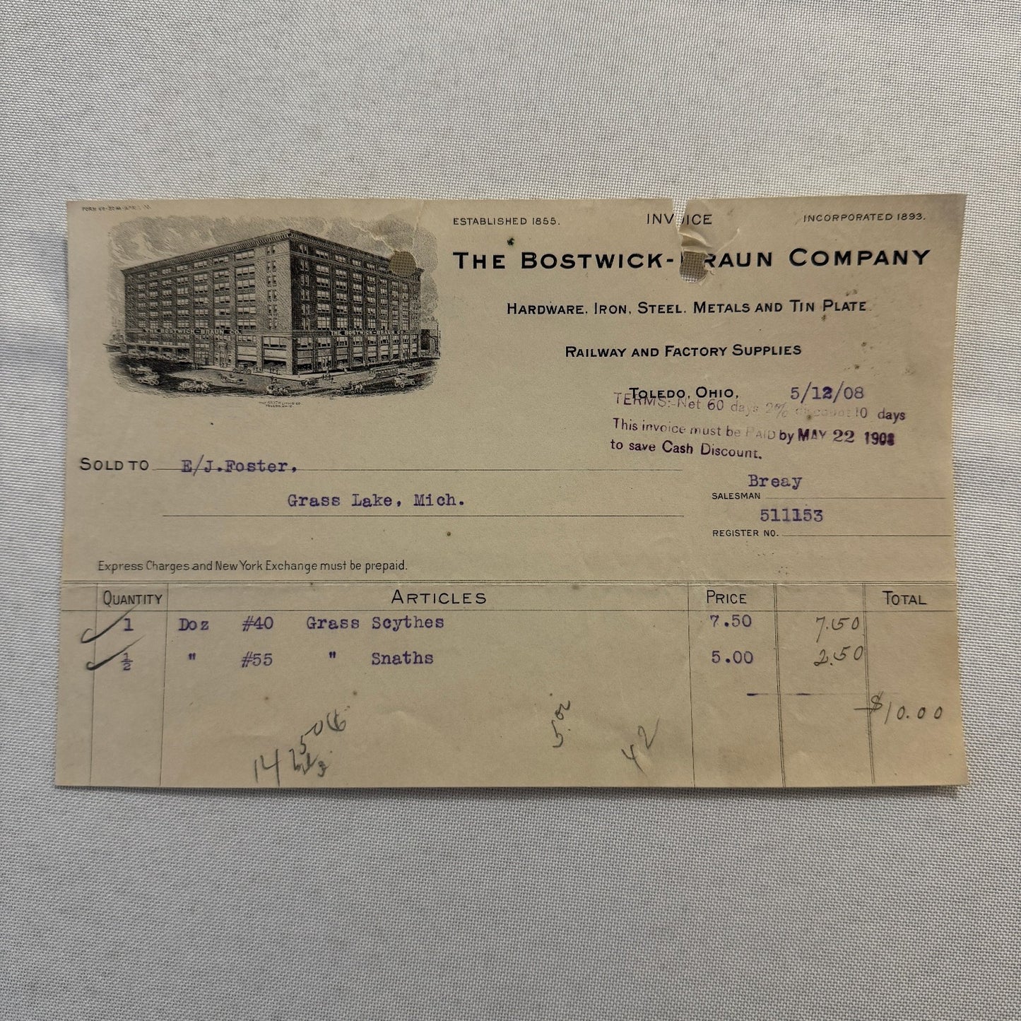 Bostwick Braun Company Document 1908 Antique Invoice Receipt Ephemera Toledo OH