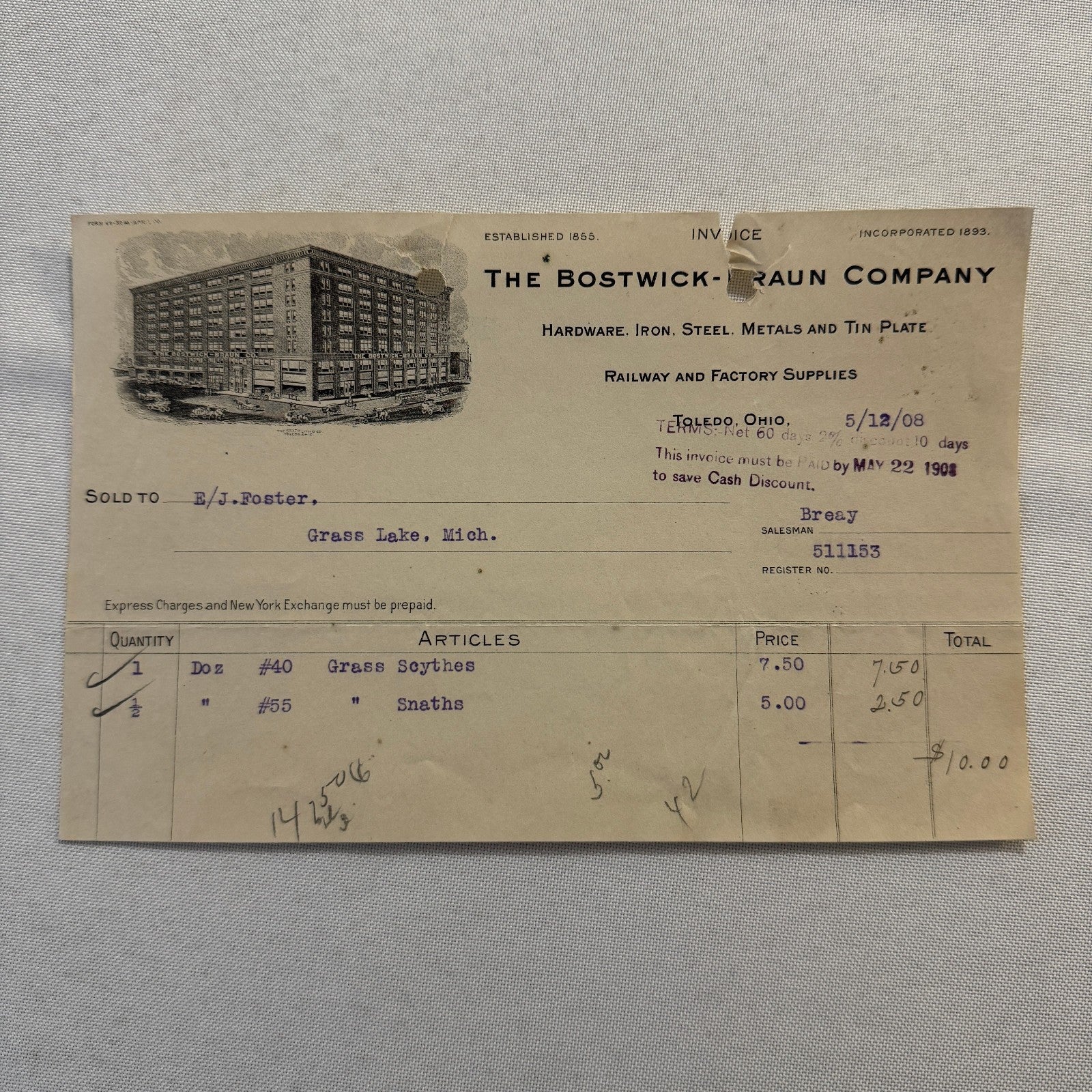 Bostwick Braun Company Document 1908 Antique Invoice Receipt Ephemera Toledo OH