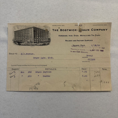 Bostwick Braun Company Document 1908 Antique Invoice Receipt Ephemera Toledo OH