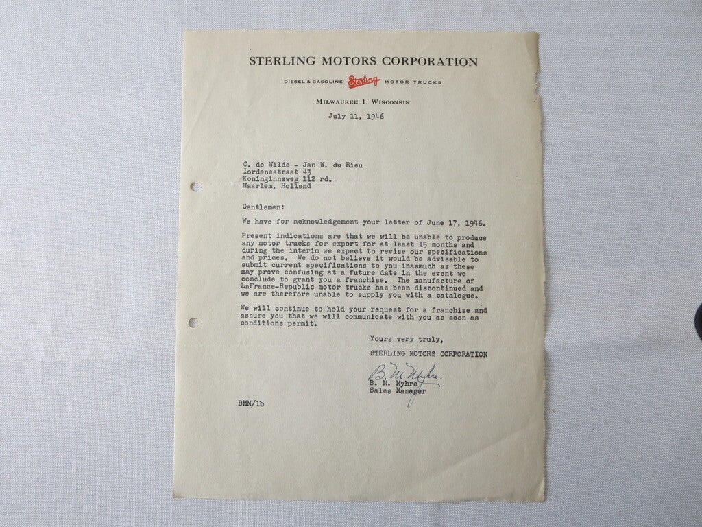 1946 Sterling Motor Truck Corporation Letter Letterhead Document 