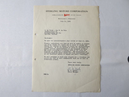 1946 Sterling Motor Truck Corporation Letter Letterhead Document 