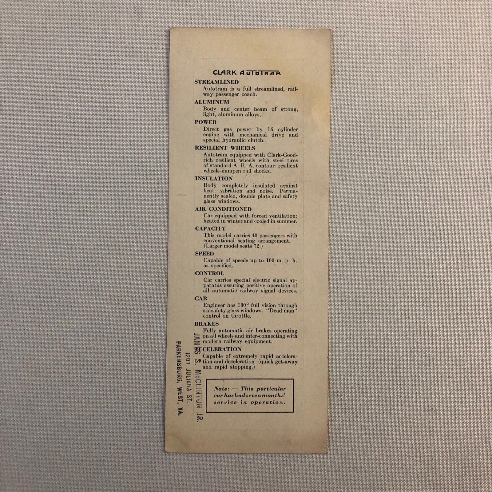 Vintage Clark Autotram Train Information Card  