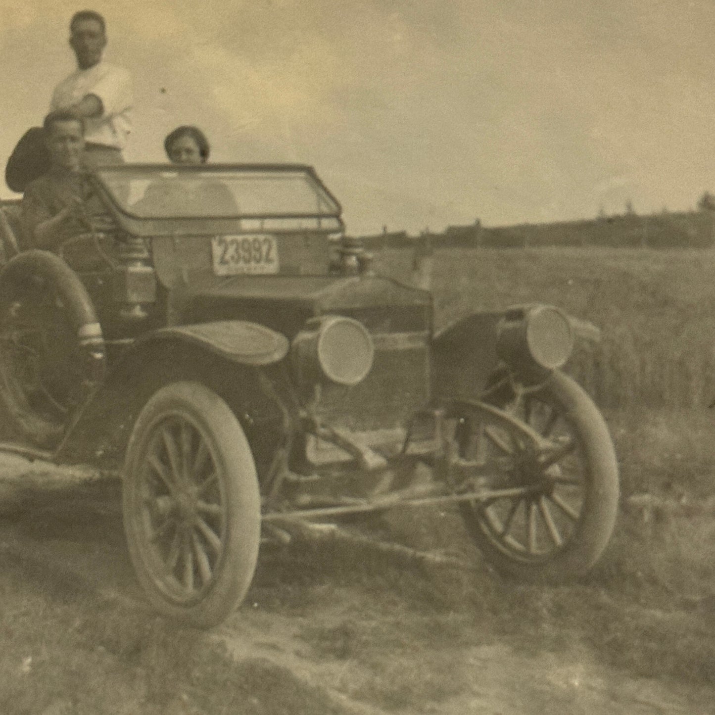 Real Photo Postcard RPPC People and Antique Car Automobile Vintage License Plate