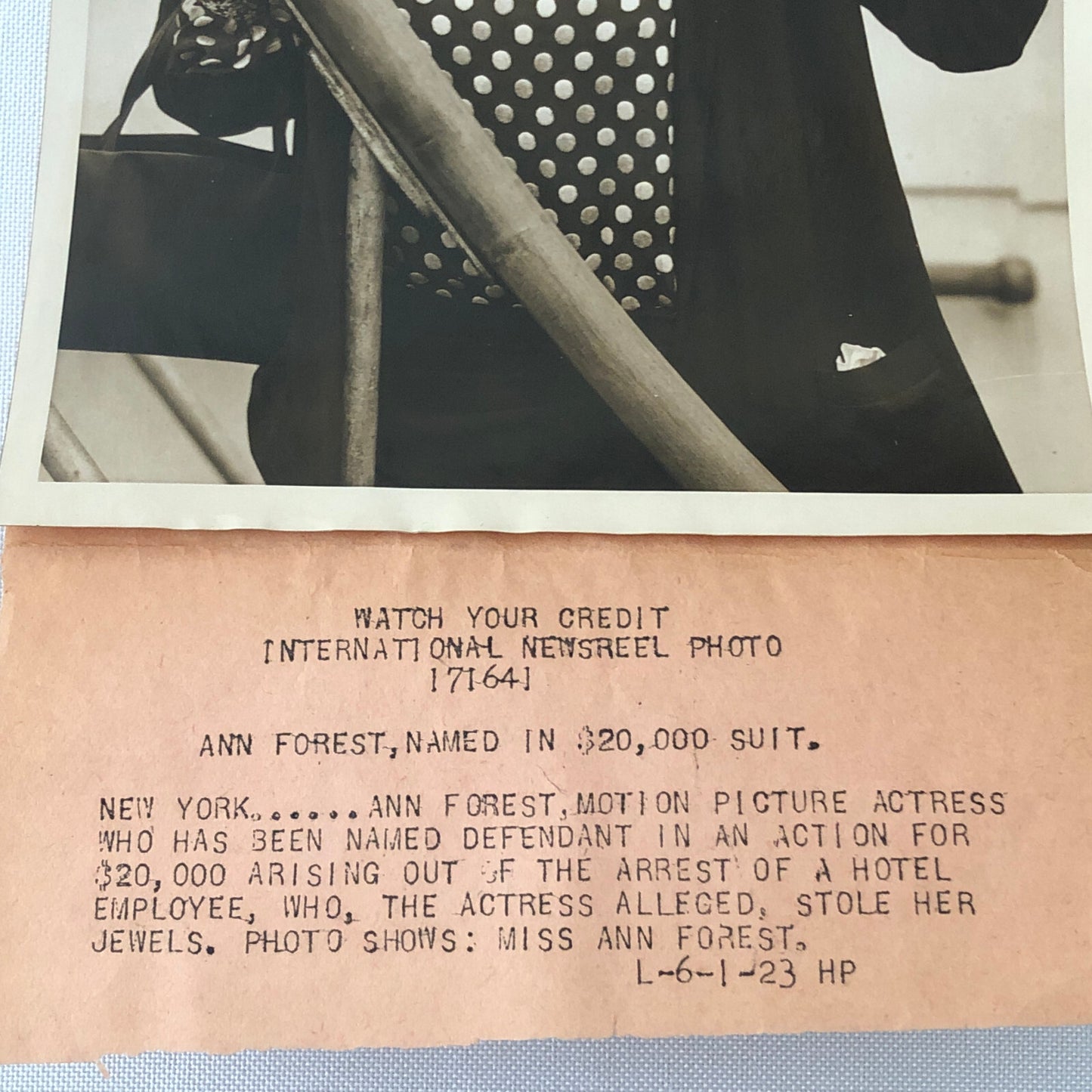 Press Photo Photograph Film Star Ann Forest Lawsuit over Stolen Jewels 1923