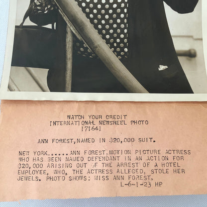 Press Photo Photograph Film Star Ann Forest Lawsuit over Stolen Jewels 1923