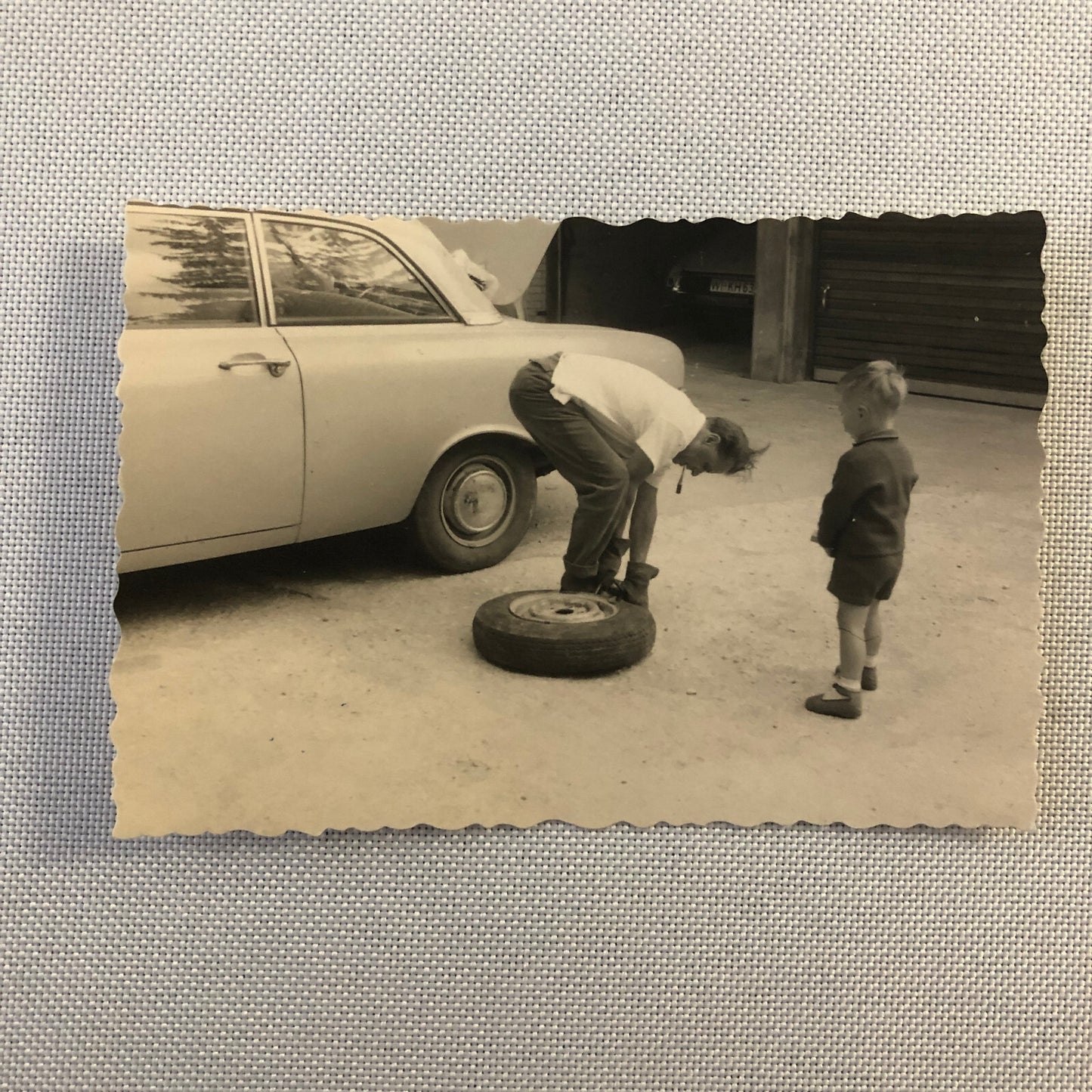 Vintage Photo Photograph Man Changing Car Tire with Child Cermany