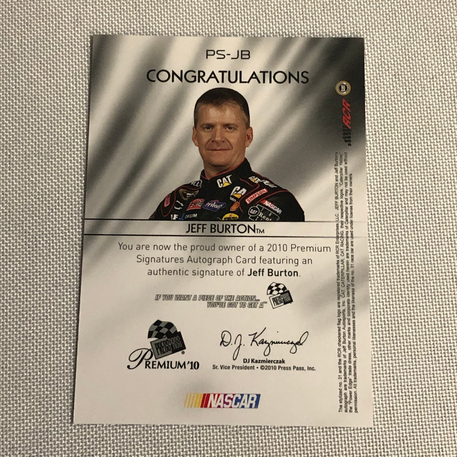 2010 Press Pass Premium Signatures Jeff Burton Auto Signed Autograph Card NASCAR