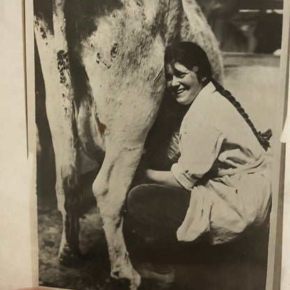 Antique Glass Plate Photo Slide Positive Woman Milking Cow Farm Barn