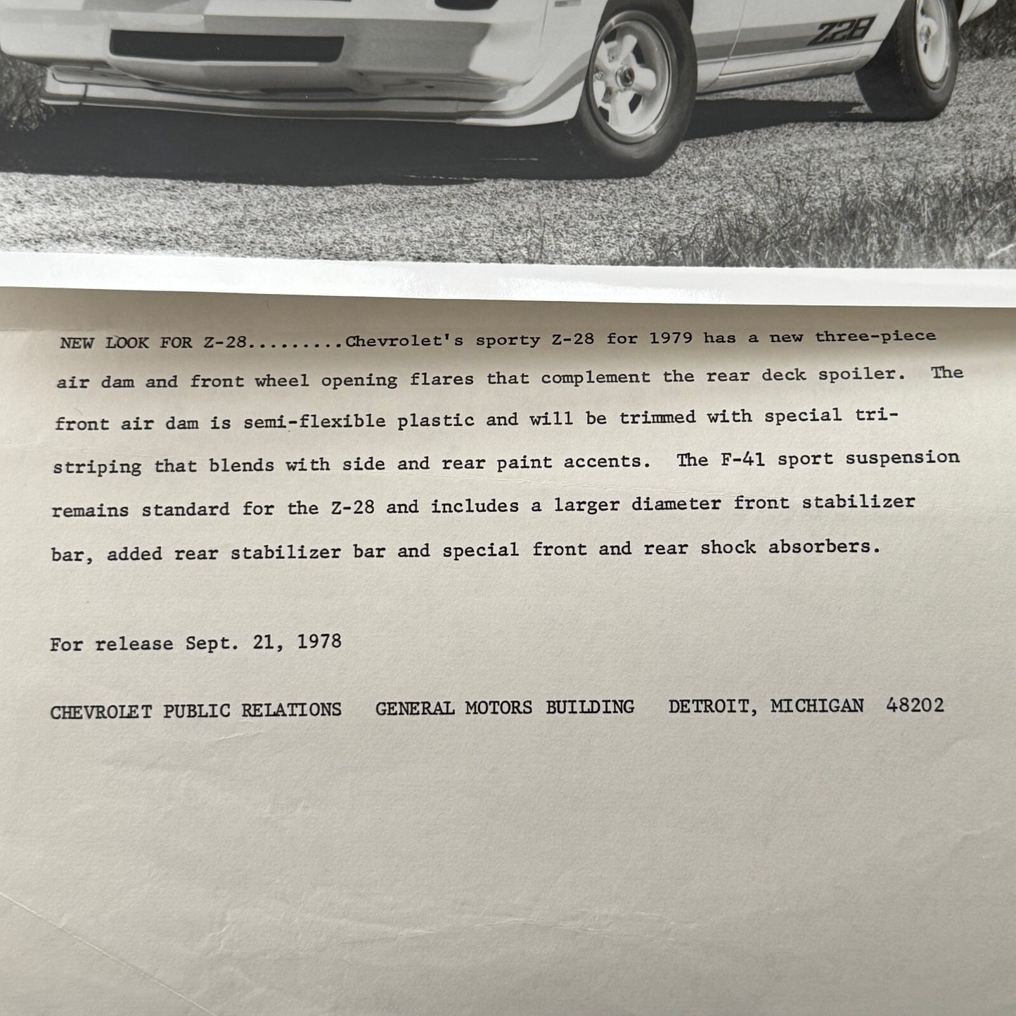 1979 Chevrolet Camaro Z28 Factory Press Publicity Photo Photograph Chevy