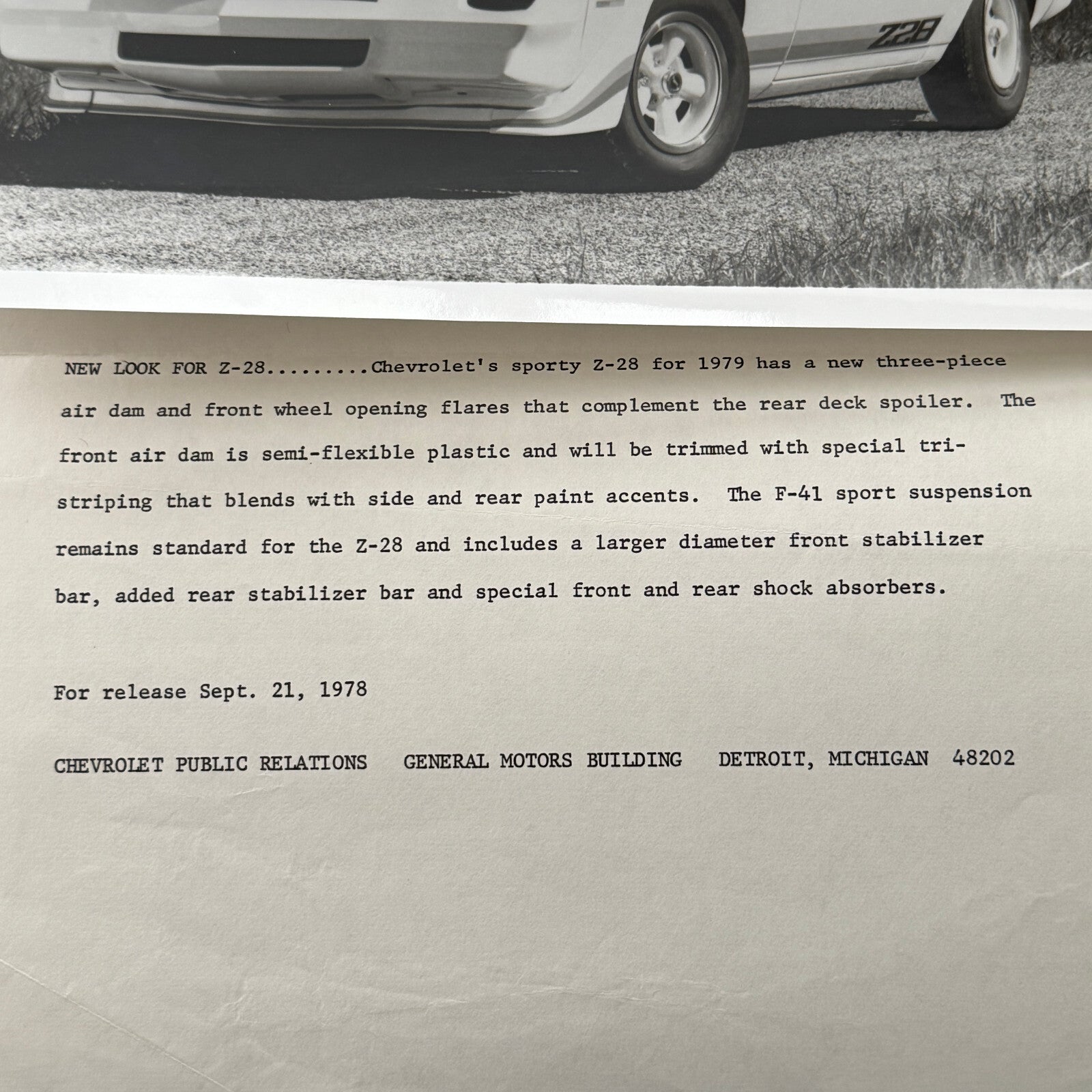1979 Chevrolet Camaro Z28 Factory Press Publicity Photo Photograph Chevy