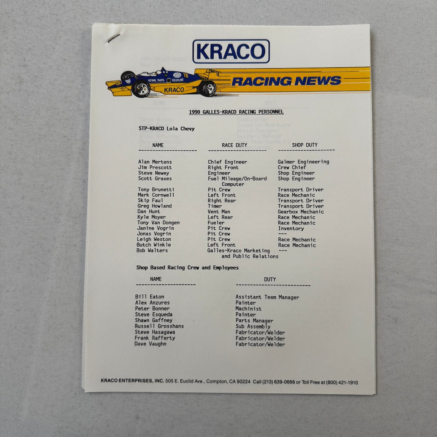 1990 Bobby Rahal Kraco Racing Press Kit Brochure Photos Lola Chevrolet Indy Car