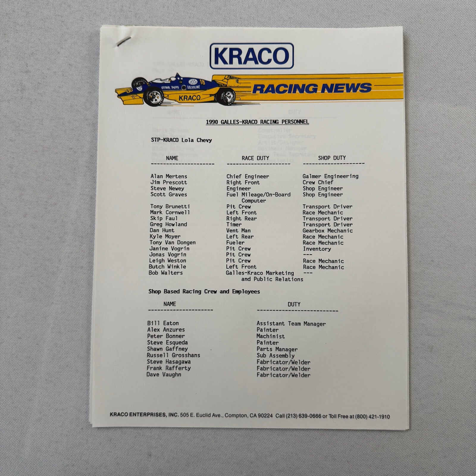1990 Bobby Rahal Kraco Racing Press Kit Brochure Photos Lola Chevrolet Indy Car