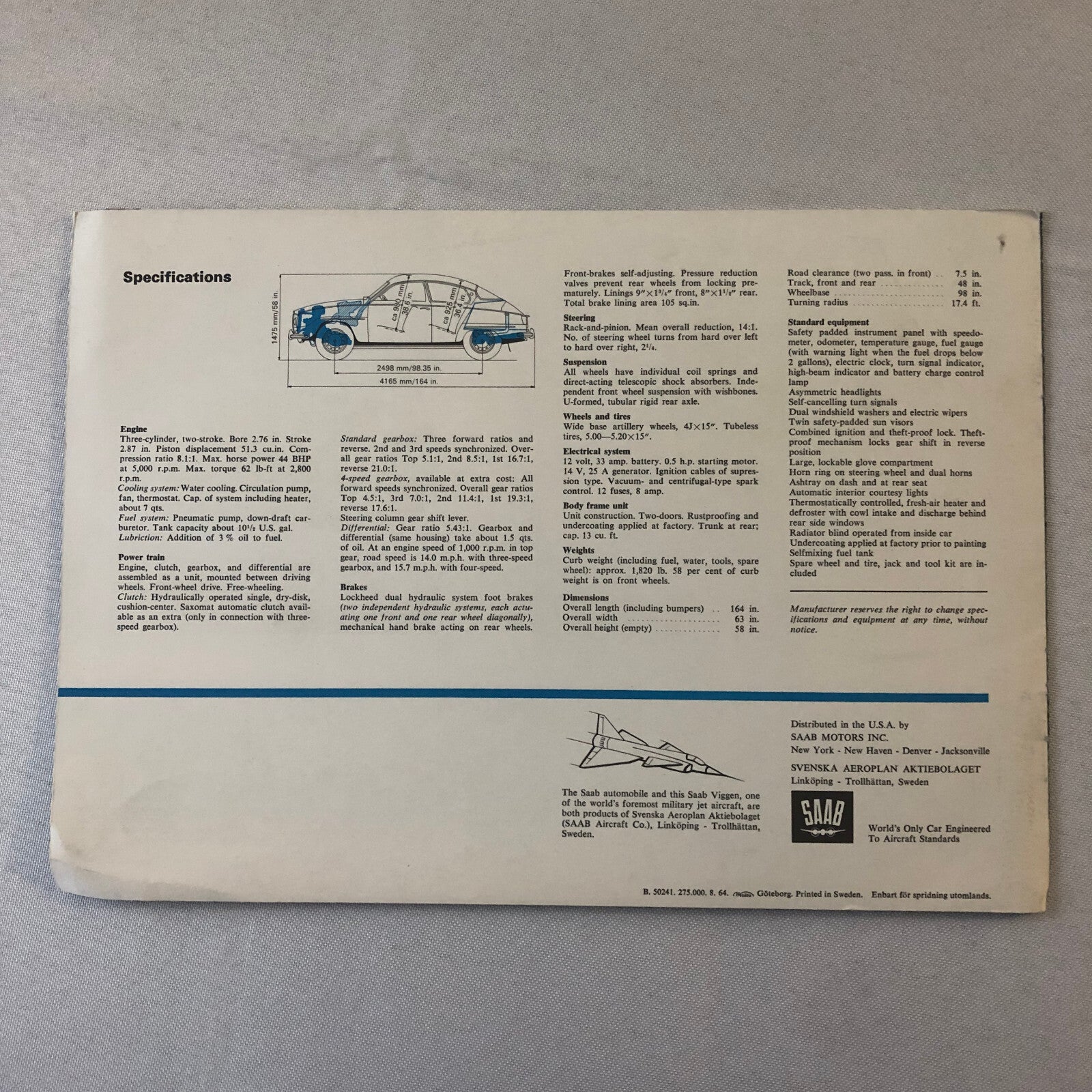 Vintage Saab Car Automobile Sales Brochure Catalog Advertising 1964 1965