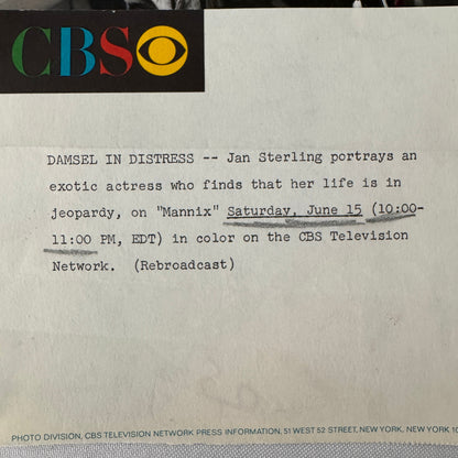 Vintage CBS Television Press Photo Photograph Jan Sterling Mannix