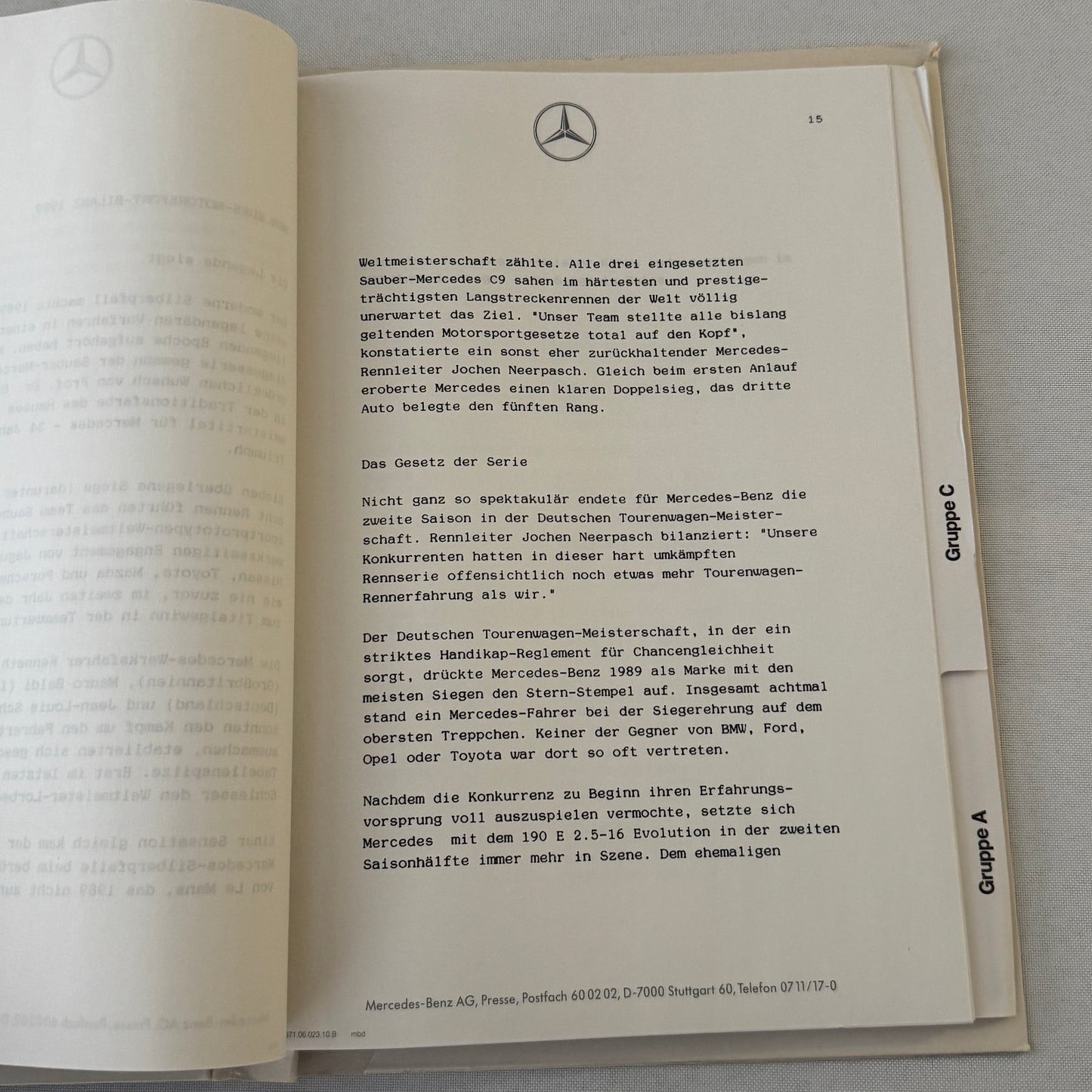 1990 Mercedes Benz Racing Motorsport Factory Press Kit 190E C9 C11 Cars GERMAN