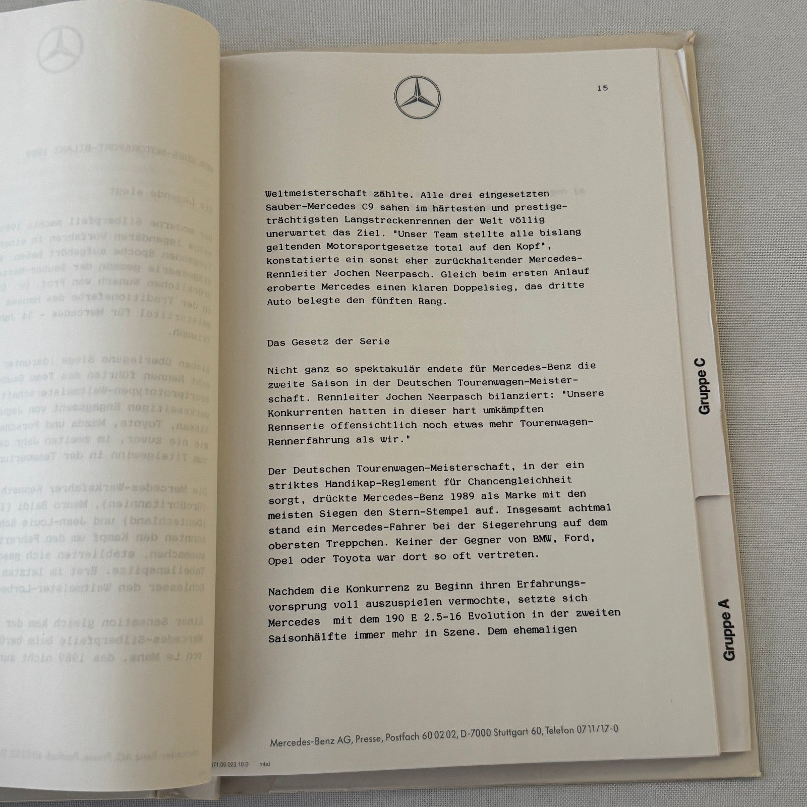 1990 Mercedes Benz Racing Motorsport Factory Press Kit 190E C9 C11 Cars GERMAN