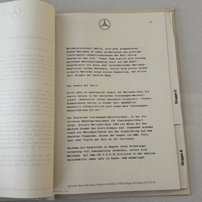 1990 Mercedes Benz Racing Motorsport Factory Press Kit 190E C9 C11 Cars GERMAN