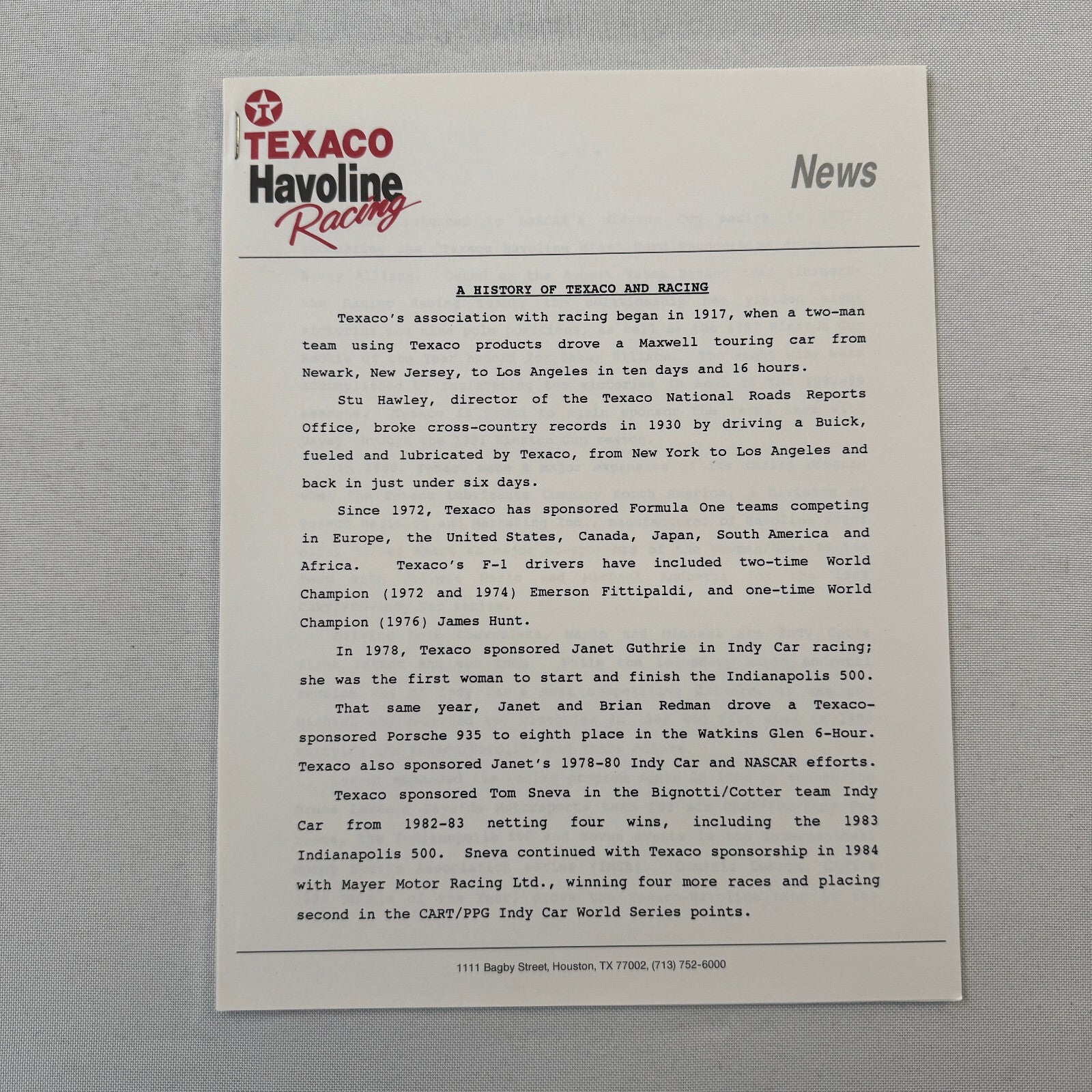 Jeff Andretti Texaco Havoline Racing Press Kit Brochure 1991 Mario Andretti