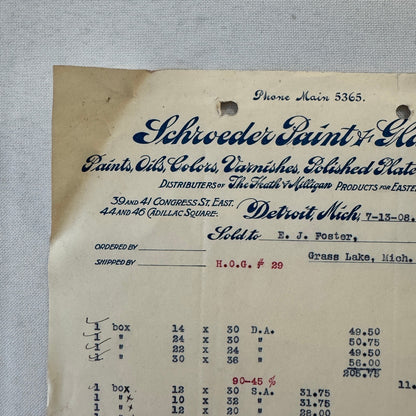 Schroeder Paint & Glass Company Detroit Michigan 1908 Receipt Document Lot 5x