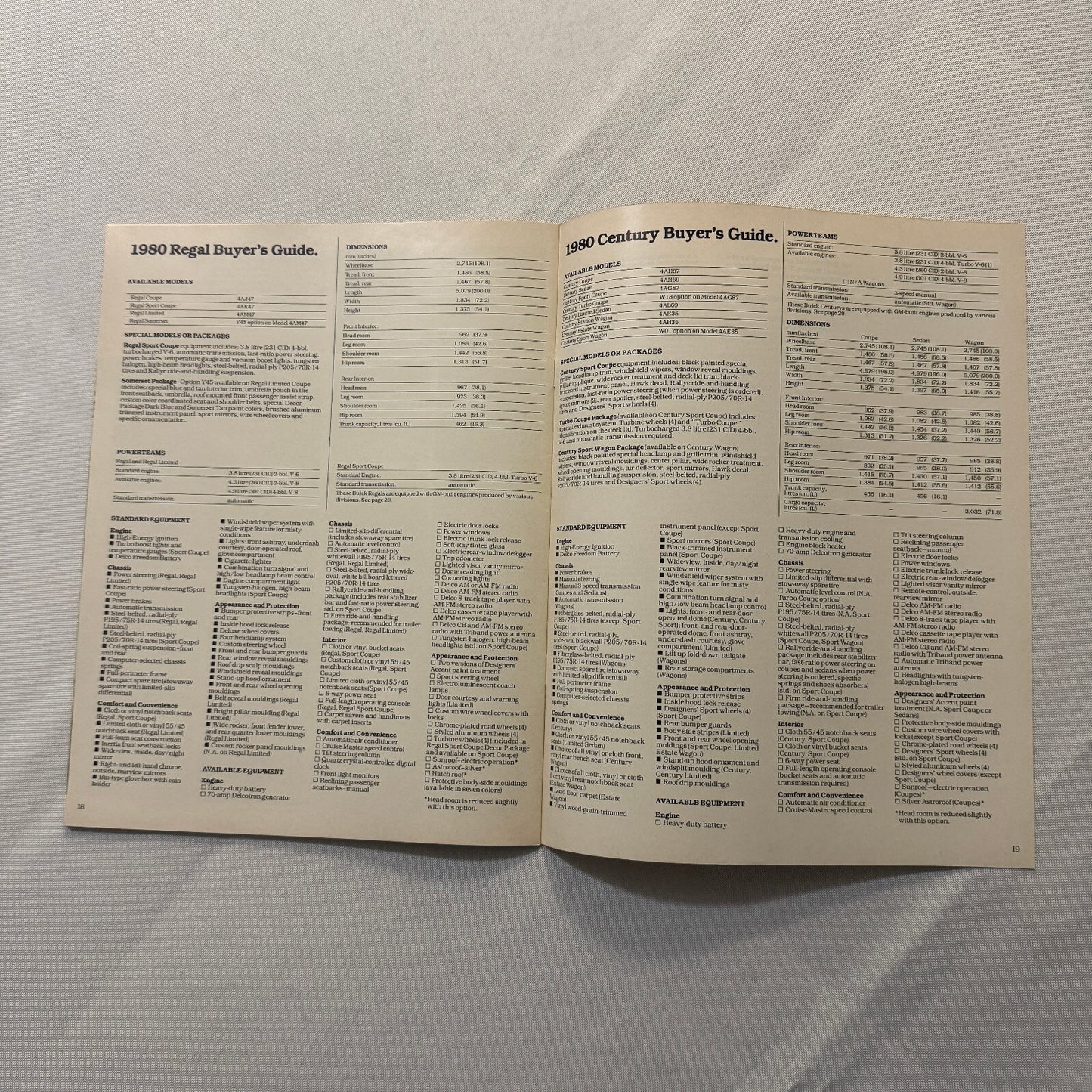 1980 Buick Regal and Century Car Sales Brochure Catalog Advertising