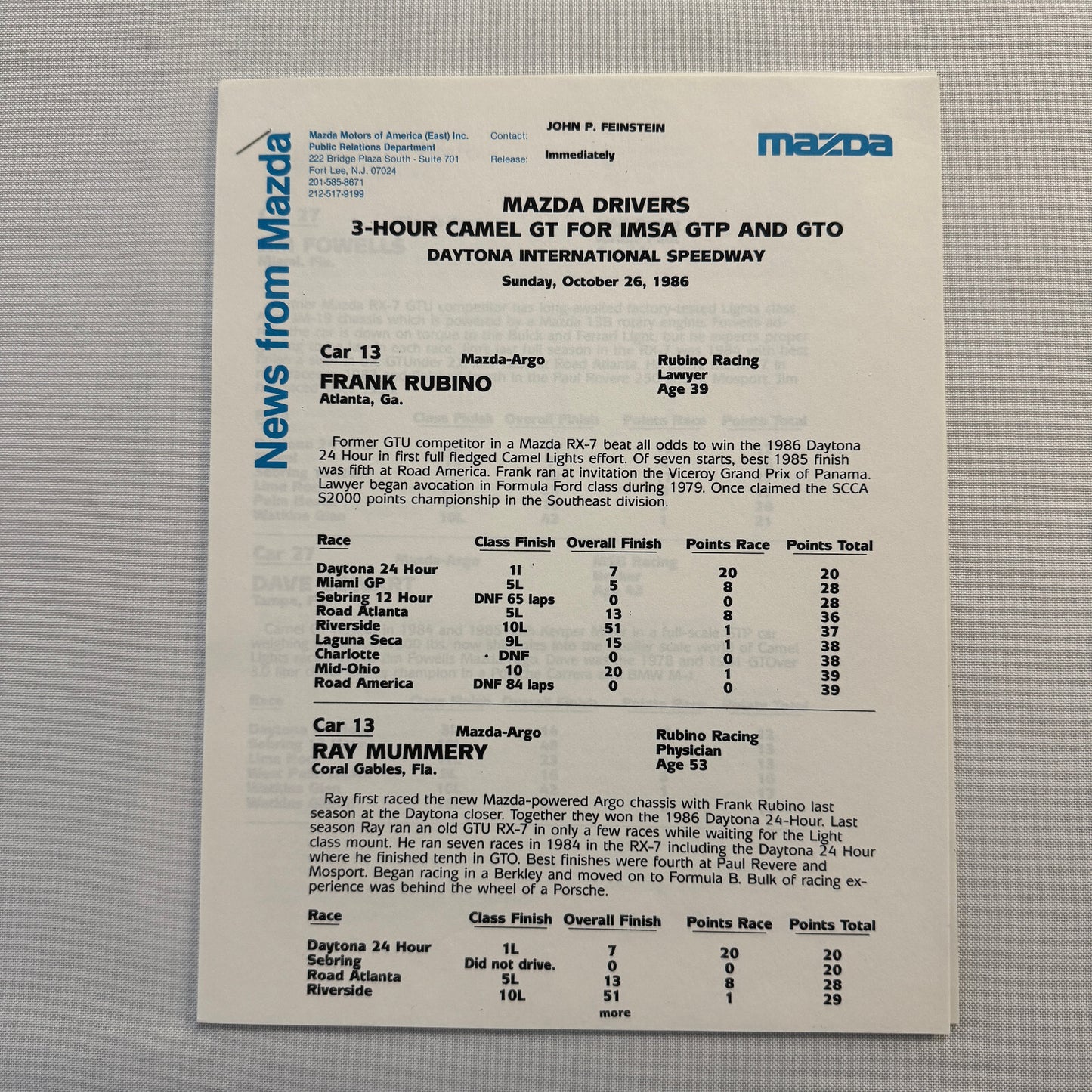 1986 Mazda RX-7 Racing Press Kit Brochure Photos Camel GT